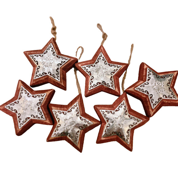 Vintage Wooden Angels and Stars Christmas Ornaments set of 12 - Picture 2 of 8